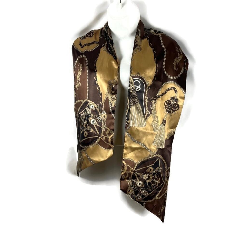VTG DENNIS BASSO Satin Brown and Tan Scarf Wrap Chain and Statement Tassel Print